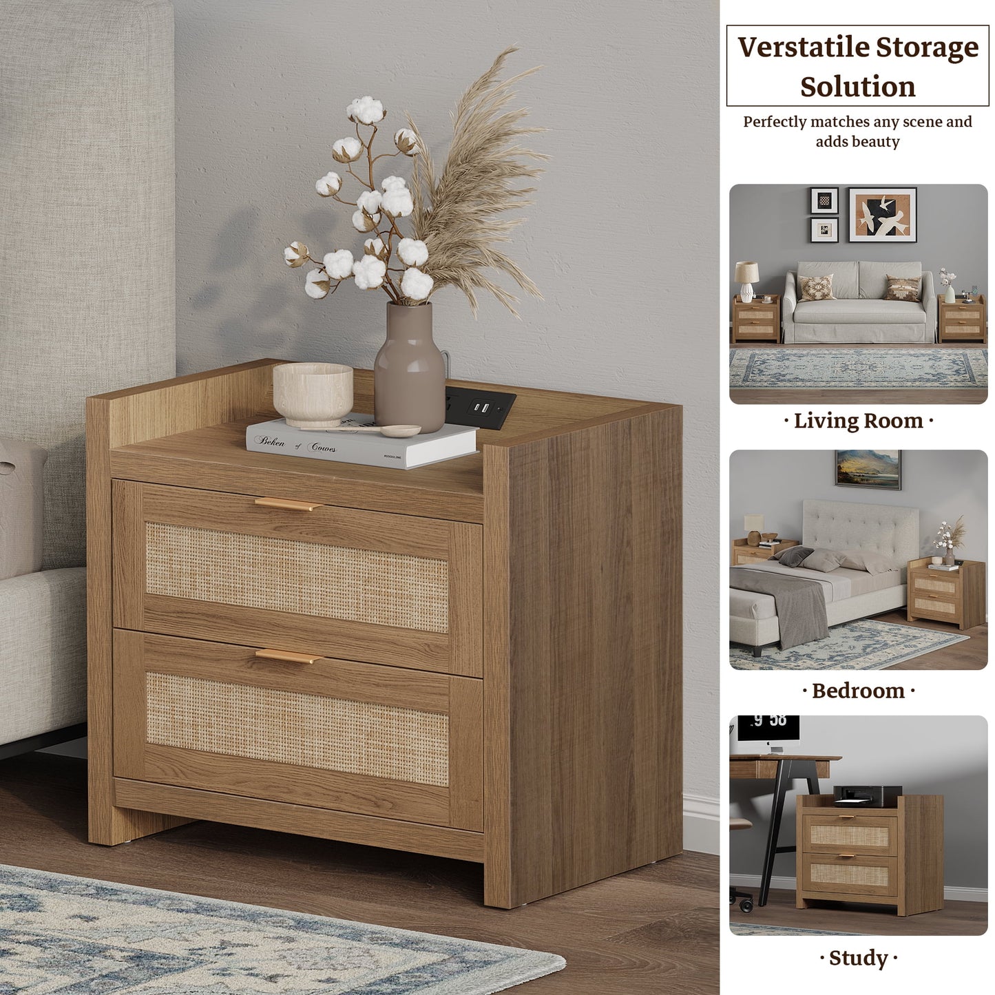 Rattan Nightstand Set of 2 with Charging Station, Boho Modern Bedside Tables with 2 Drawer, Bed Side Tables End Table for Bedroom - Natural Oak