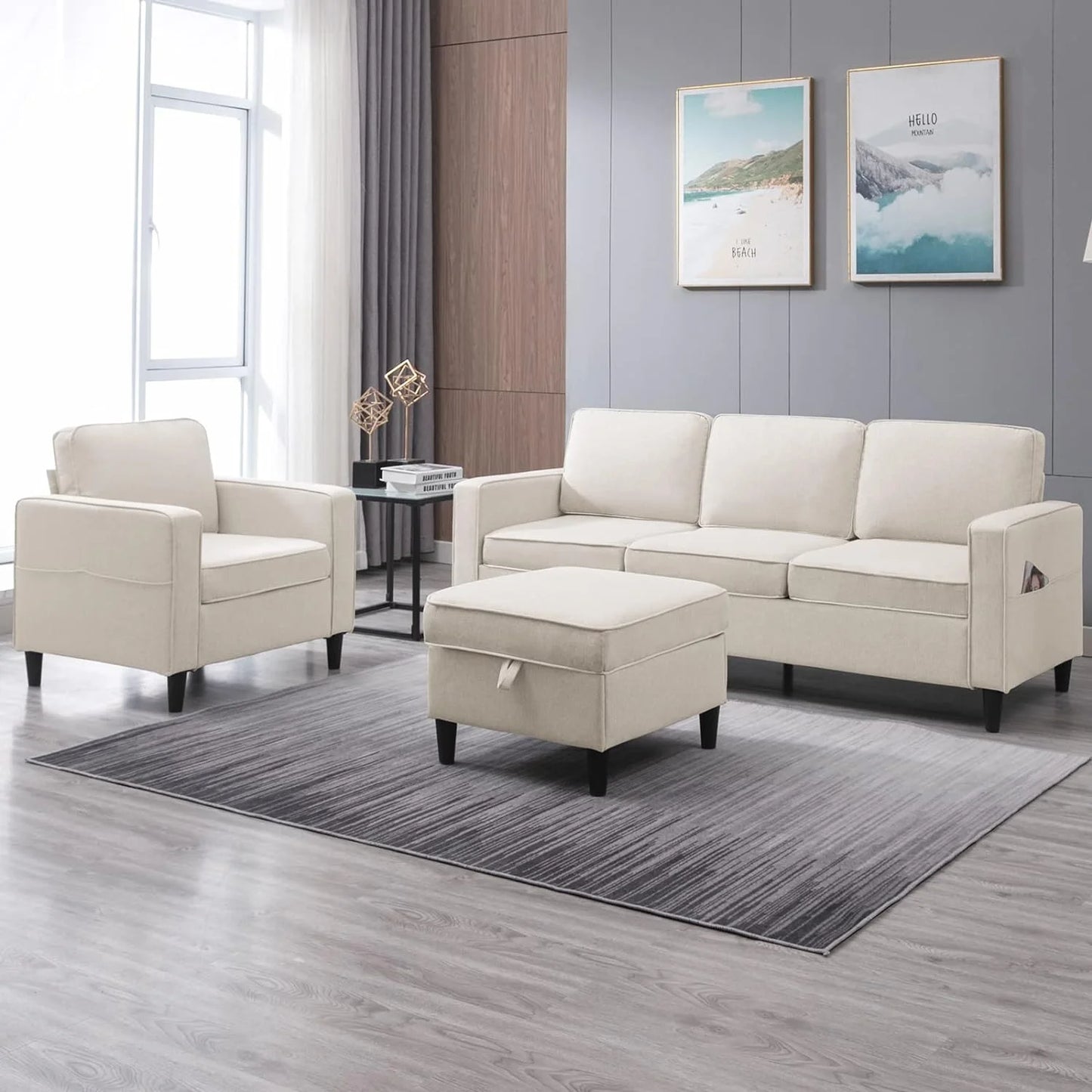 Sectional Sofa Set,2Pcs Living Room Furniture Couch Sets with Movable Storage Ottoman & Side Pockets,Include Sofa,Chair,Beige