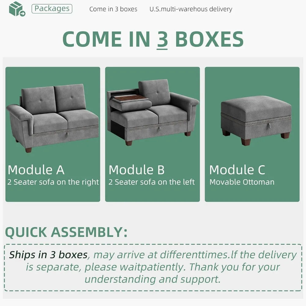 Reversible Sectional Sofa L Shaped Sofa Convertible Couch with Storage Chaises and Cup Holders 4-Seater Sofas Sectional