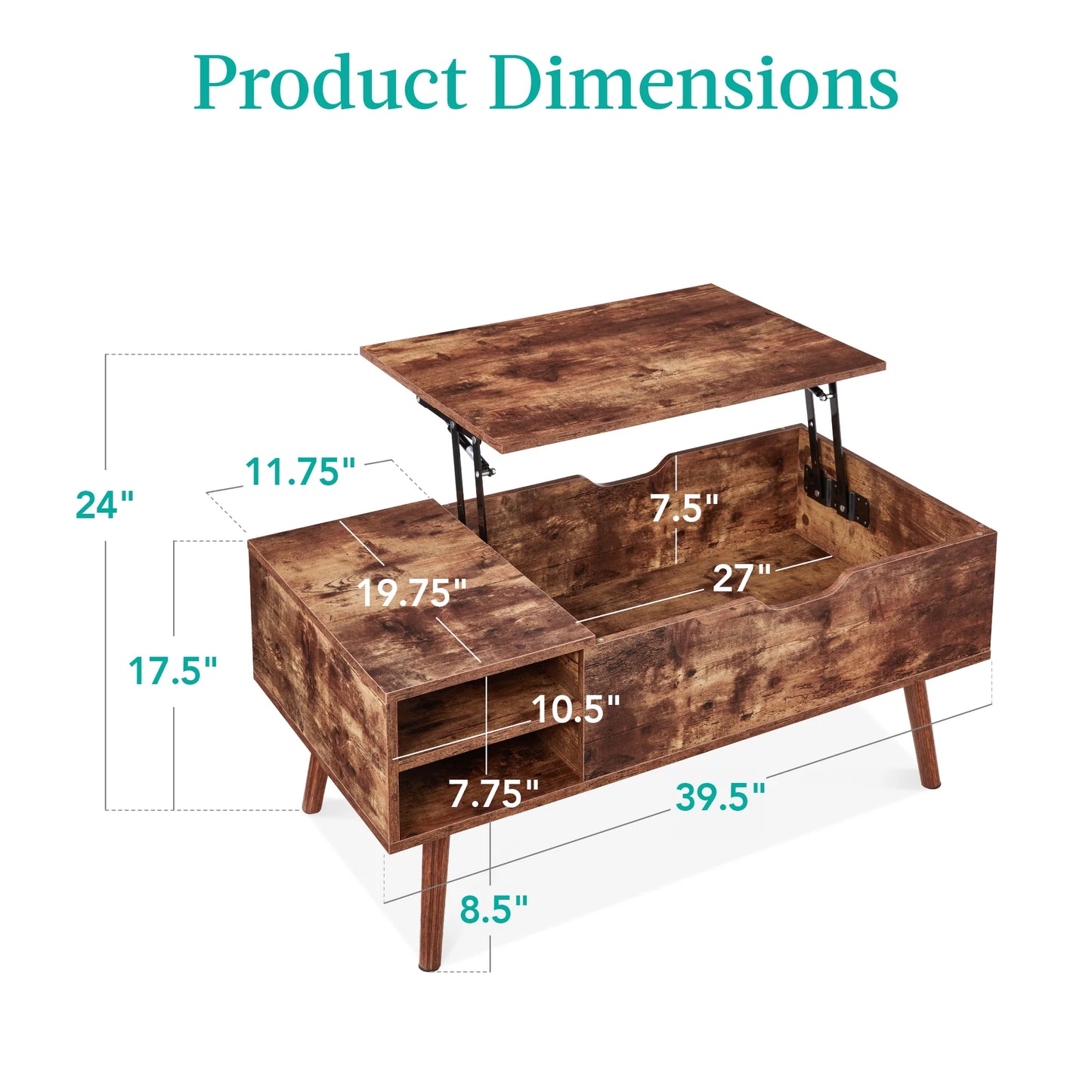 Wooden Mid-Century Modern Lift Top Coffee Table W/ Removable Shelf