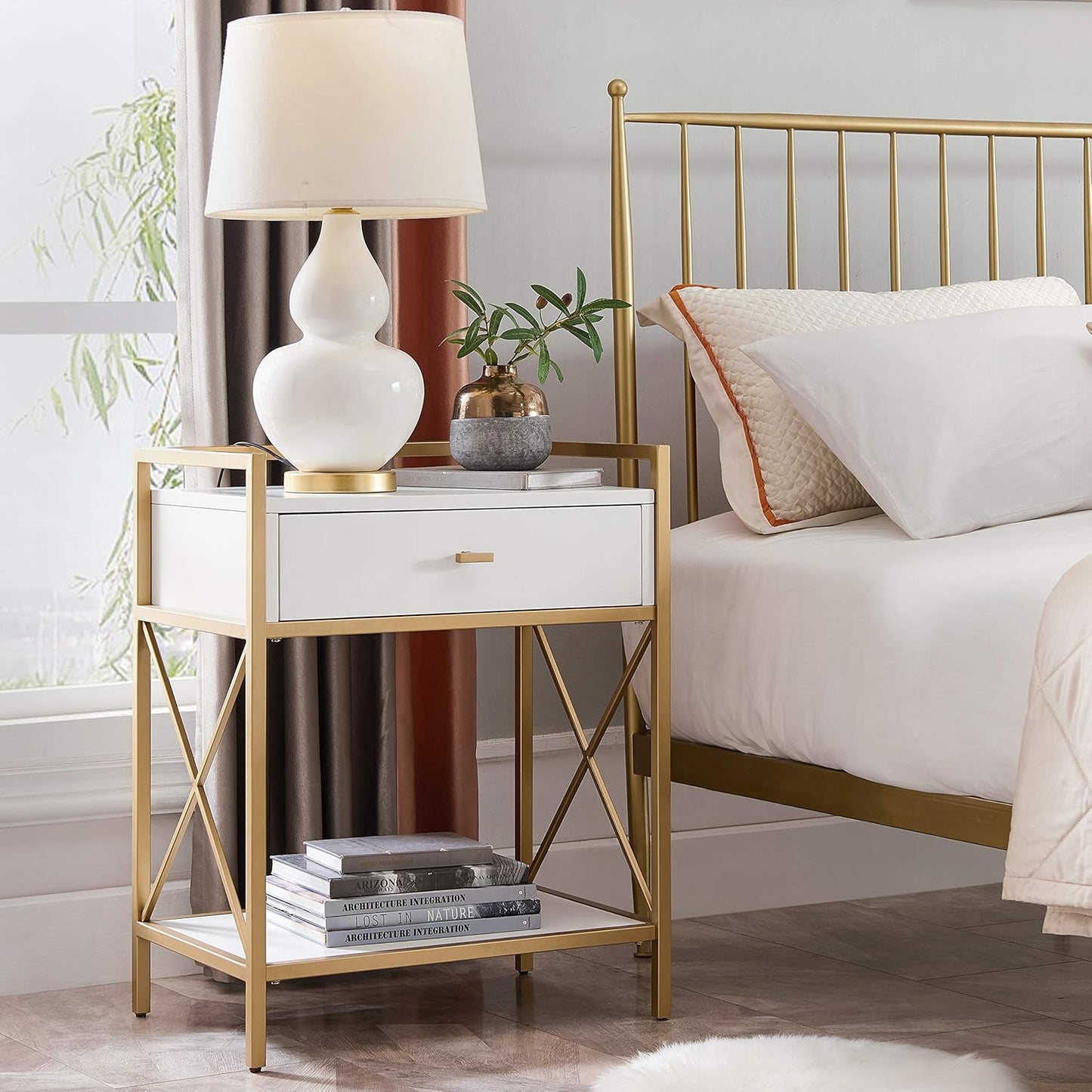 9069-WT Claudette Nightstand Side Table One Drawer Modern Fast Charging Station A/C and USB Charging Port Integrated Durable Solid Wood Metal Living Room Bedroom Office, White and Gold