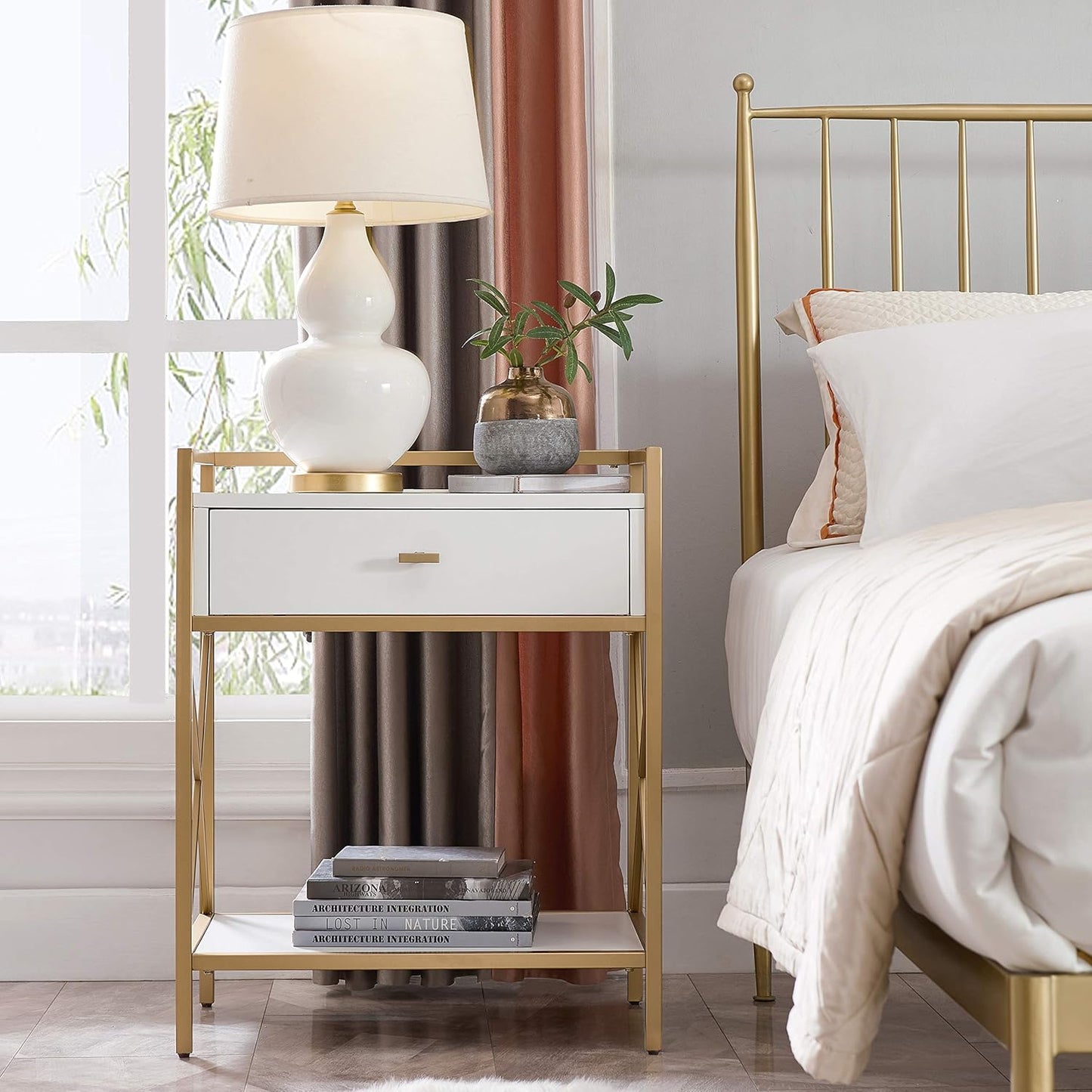 9069-WT Claudette Nightstand Side Table One Drawer Modern Fast Charging Station A/C and USB Charging Port Integrated Durable Solid Wood Metal Living Room Bedroom Office, White and Gold
