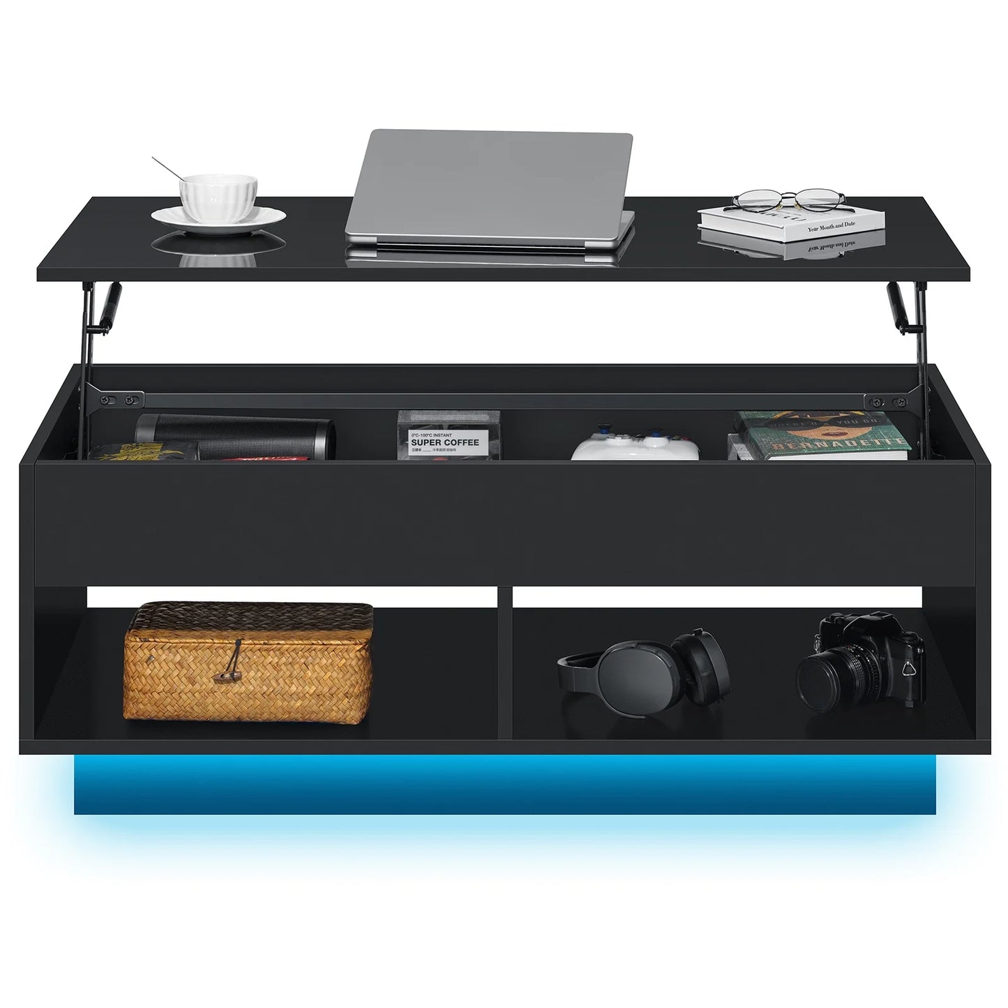 Black Lift Coffee Table with LED Lights Lift Top Coffee Table with Hidden Compartment Center Table Cocktail Table for Living Room