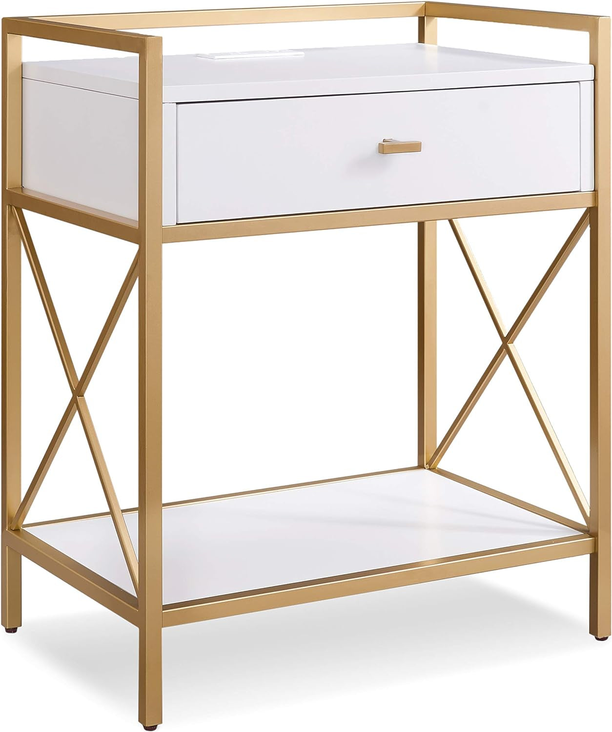 9069-WT Claudette Nightstand Side Table One Drawer Modern Fast Charging Station A/C and USB Charging Port Integrated Durable Solid Wood Metal Living Room Bedroom Office, White and Gold