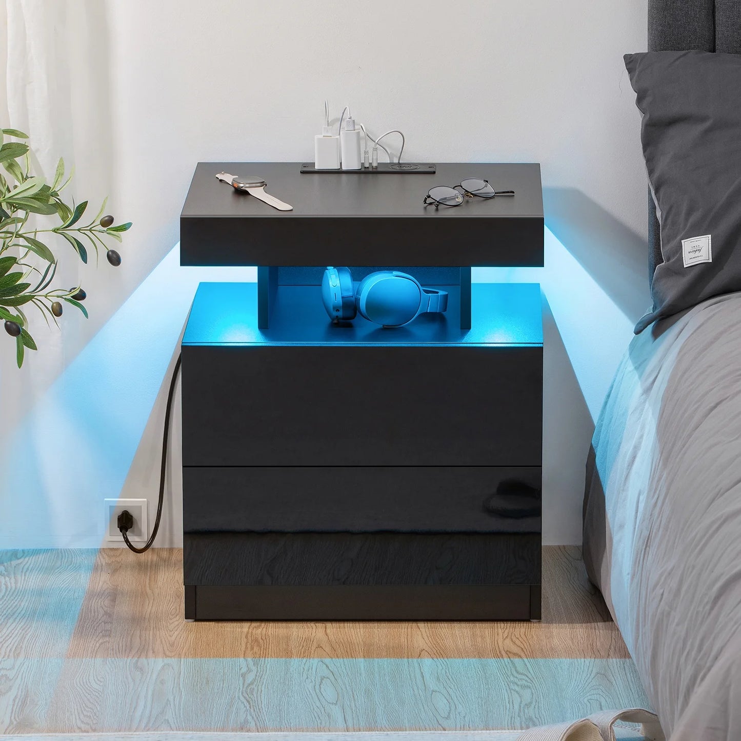 LED Nightstand with Wireless Charging Station Modern Nightstand Type C USB Port 2 Drawers Bedside Table Black Smart Night Table High Gloss End Side Table for Bedroom Furniture 22.3" Tall