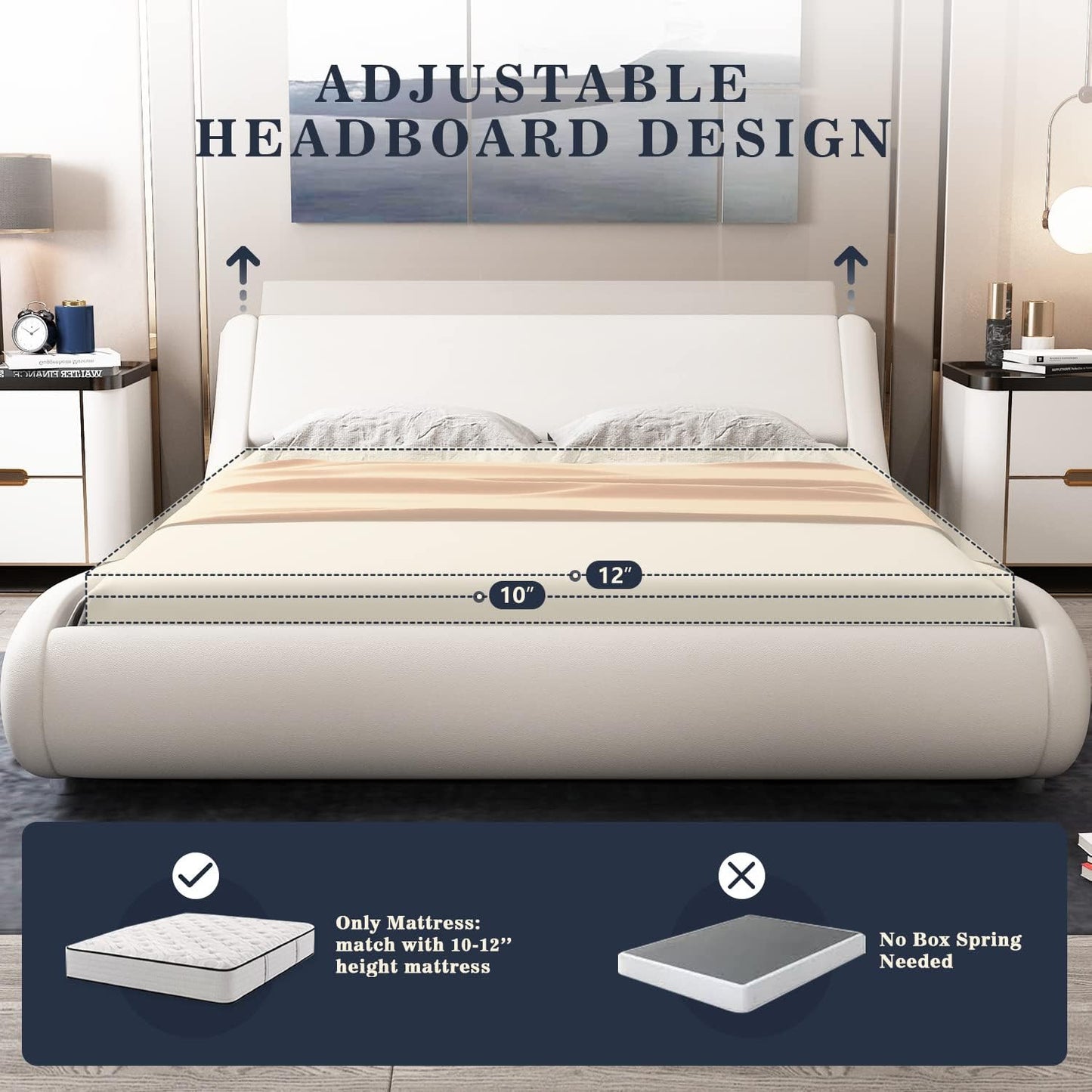 King Size Bed Frame with Curved Adjustable Headboard, Faux Leather Upholstered Platform Bed, Strong Wooden Slats Support, 10-12'' Mattress Recommended, White