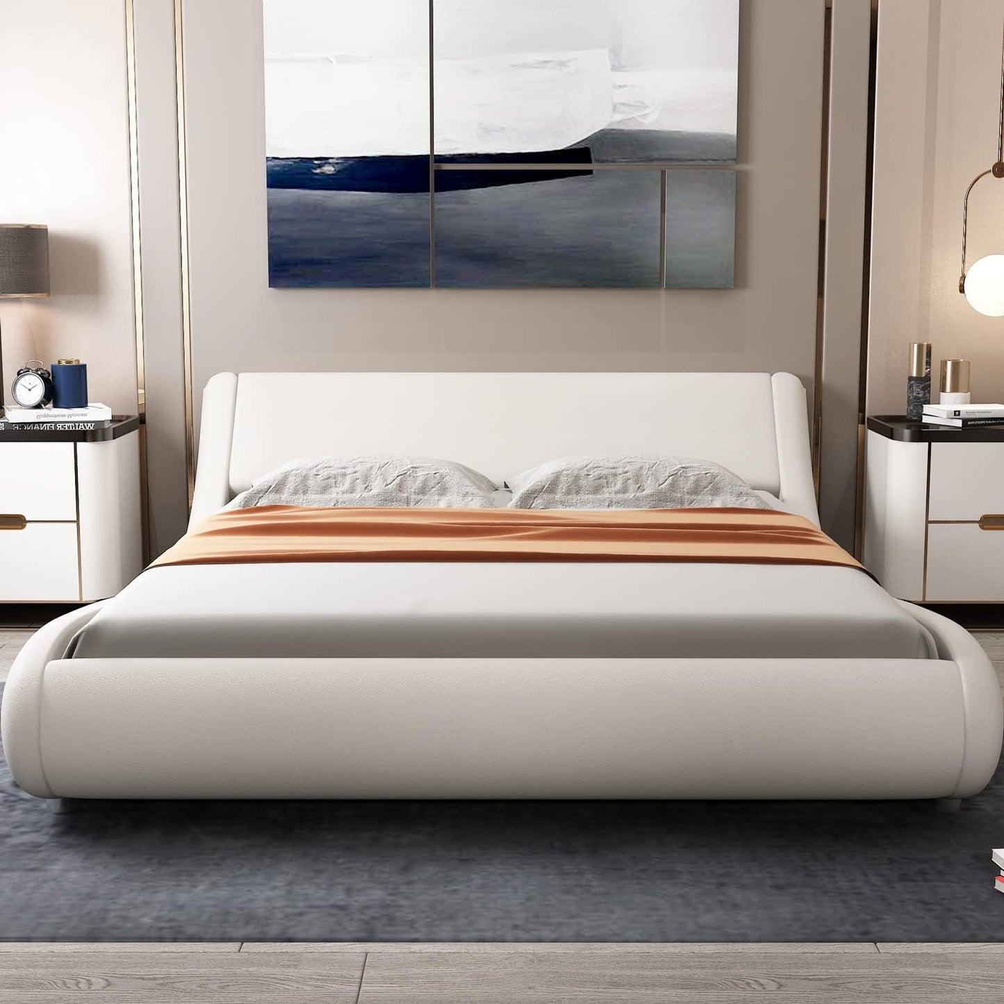 King Size Bed Frame with Curved Adjustable Headboard, Faux Leather Upholstered Platform Bed, Strong Wooden Slats Support, 10-12'' Mattress Recommended, White
