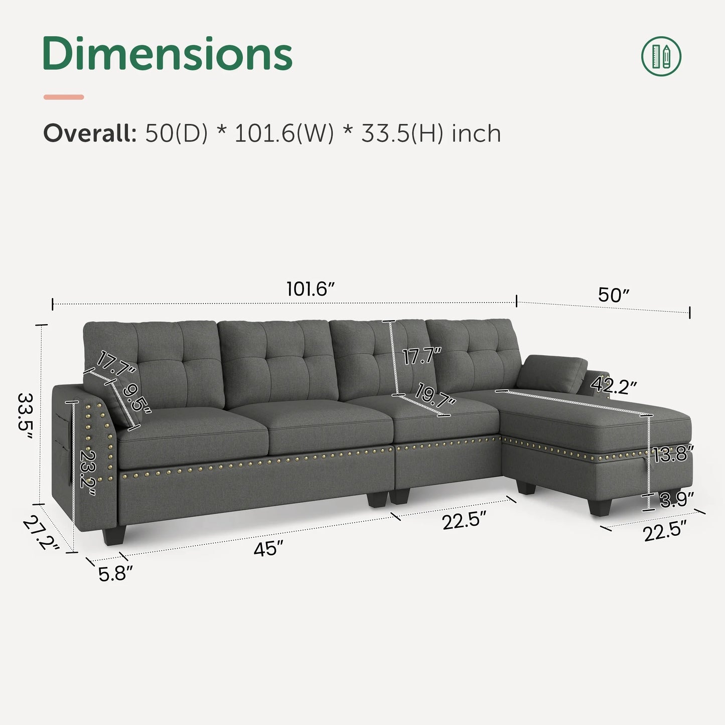 Convertible Sectional Sofa L-Shape Couch with Storage Ottoman for Living Room 4-Seat Sofas for Apartment Grey