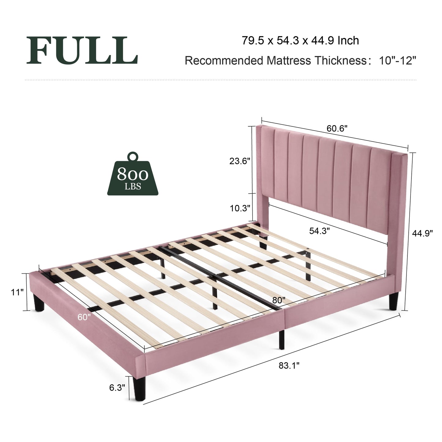 Upholstered Platform Bed Frame with 100% Velvet Channel Headboard, Pink, Full Size