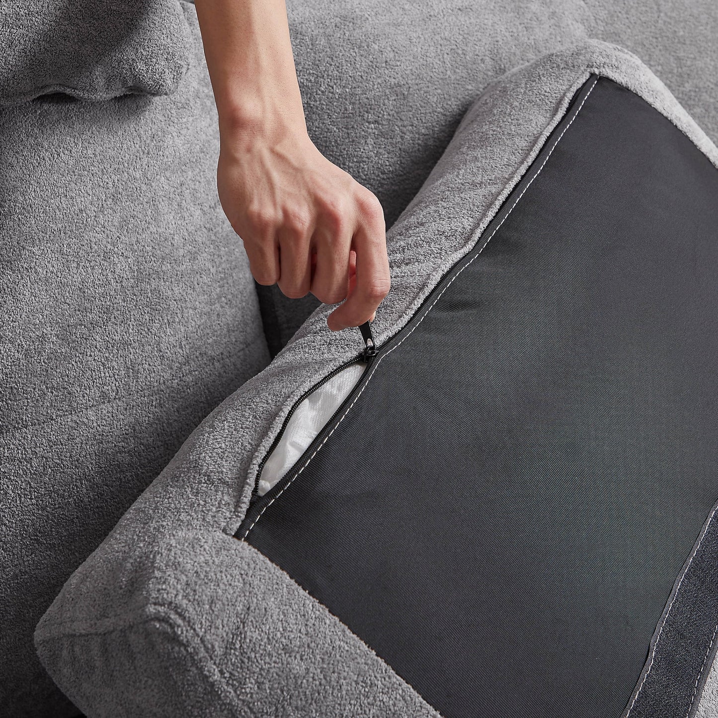 Modern Microfiber Cushioned Reclining Sofa with Chaise, Light Grey