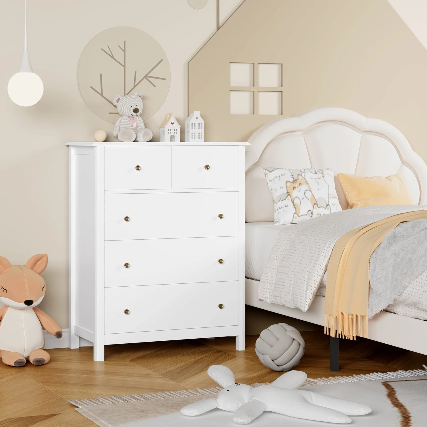 Kids Dresser of 5 Drawers, Dresser Chest with Easy Pull Handle for Bedroom, Living Room, White Finish