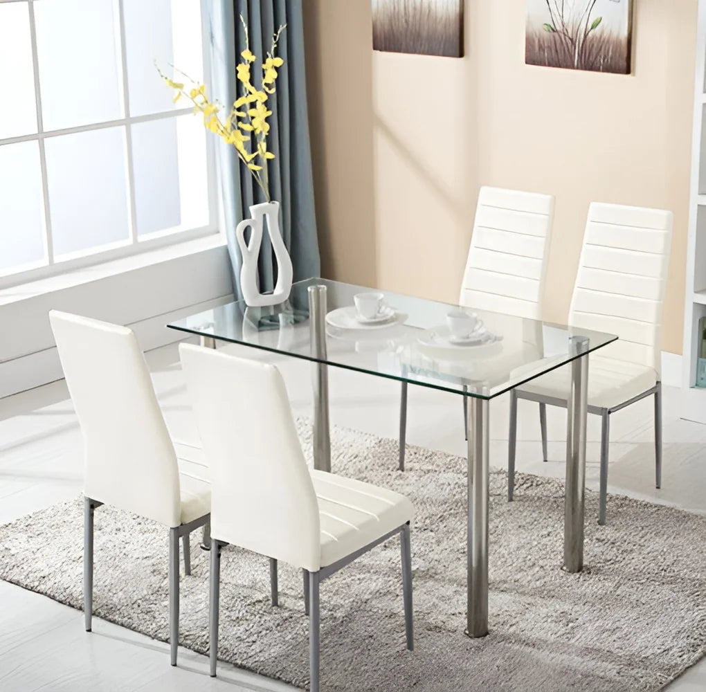5 Piece Dining Table Set Dining Table & 4 Leather Chairs,Glass Top Kitchen Dining Room Furniture,White