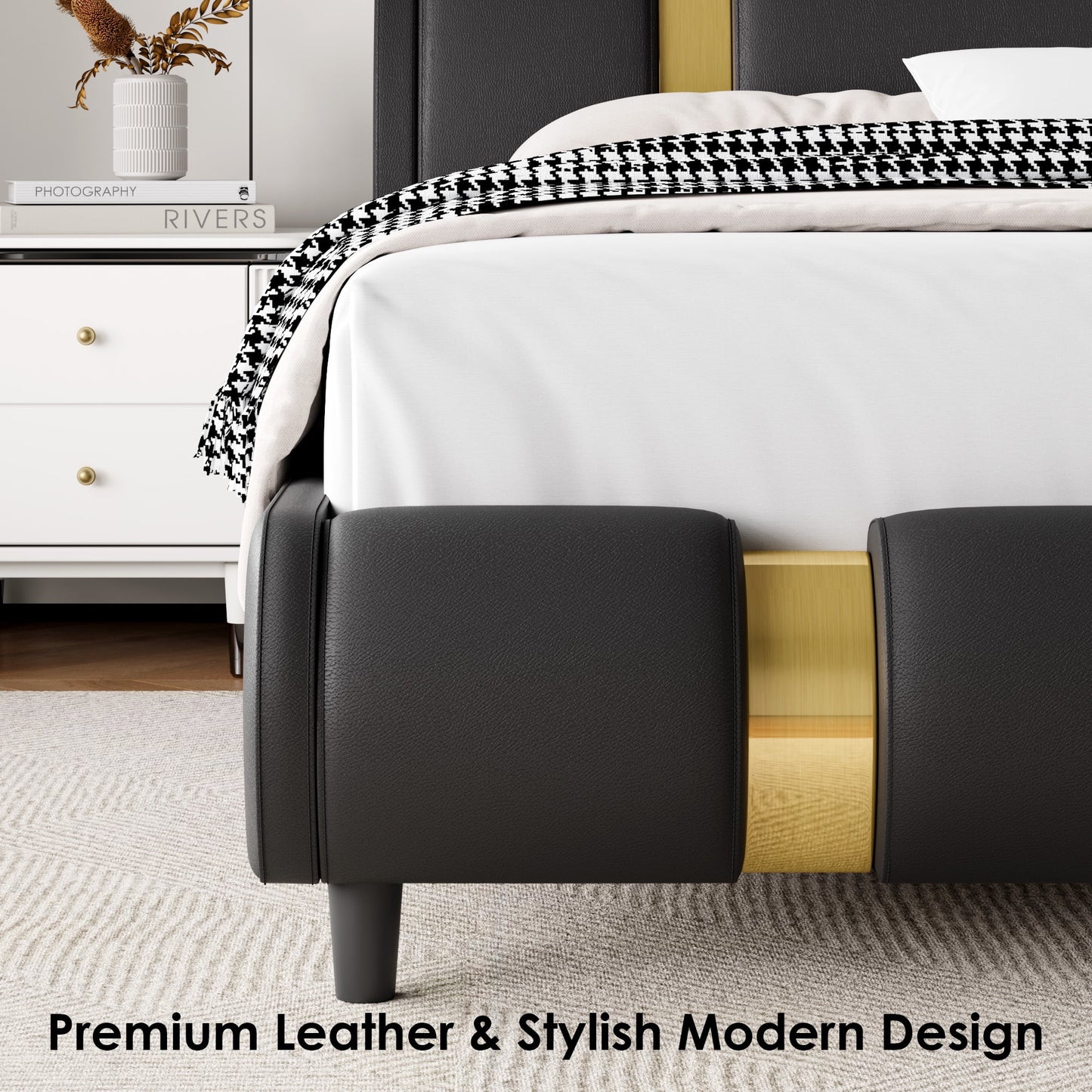 King Bed Frame, Modern Leather Upholstered Platform Bed Frame with Adjustable Headboard, No Box Spring Needed, Black & Gold
