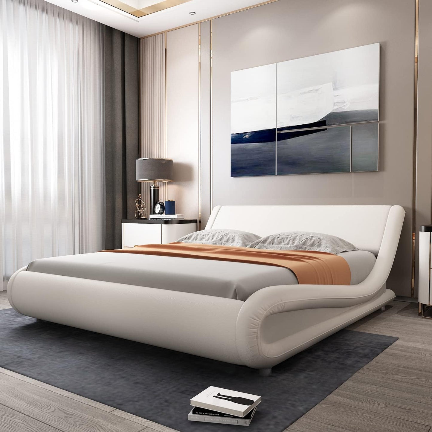 King Size Bed Frame with Curved Adjustable Headboard, Faux Leather Upholstered Platform Bed, Strong Wooden Slats Support, 10-12'' Mattress Recommended, White