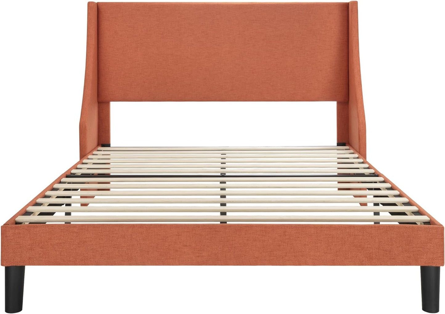 Queen Bed Frame, Platform Bed Frame Queen Size with Upholstered Headboard, Modern Deluxe Wingback, Wood Slat Support, Mattress Foundation, Burnt Orange