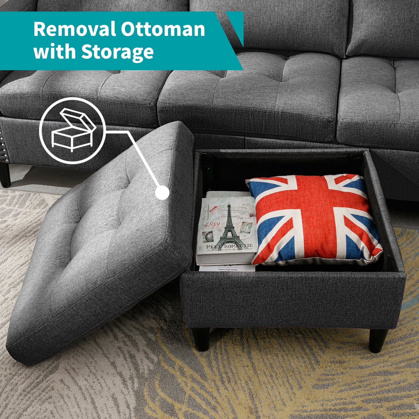 Convertible Sectional Sofa, Small L-Shaped Sofa and Couch with Storage Ottoman for Living Room, Dark Grey