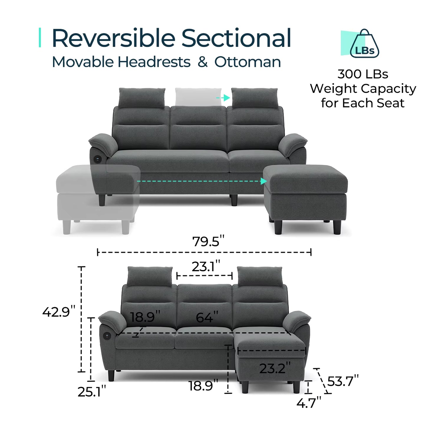 Convertible Sectional Sofa Couch , 3 Seat L Shaped Sofa with 2 USB Ports and Storage Bags, Small Sofa Set, Gray