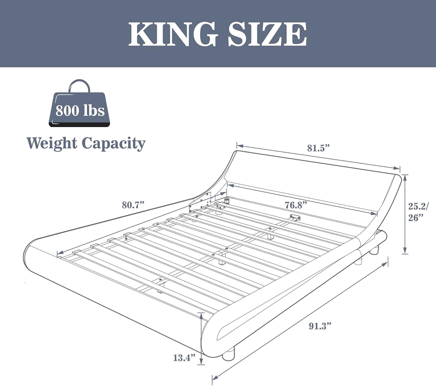 King Size Bed Frame with Curved Adjustable Headboard, Faux Leather Upholstered Platform Bed, Strong Wooden Slats Support, 10-12'' Mattress Recommended, White