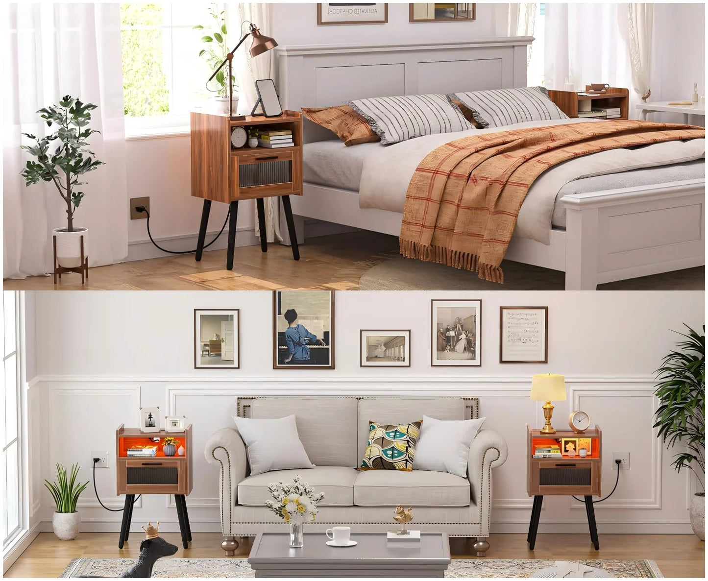 Mid-Century Nightstand Set of 2 with Charging Station - Brown, Glossy