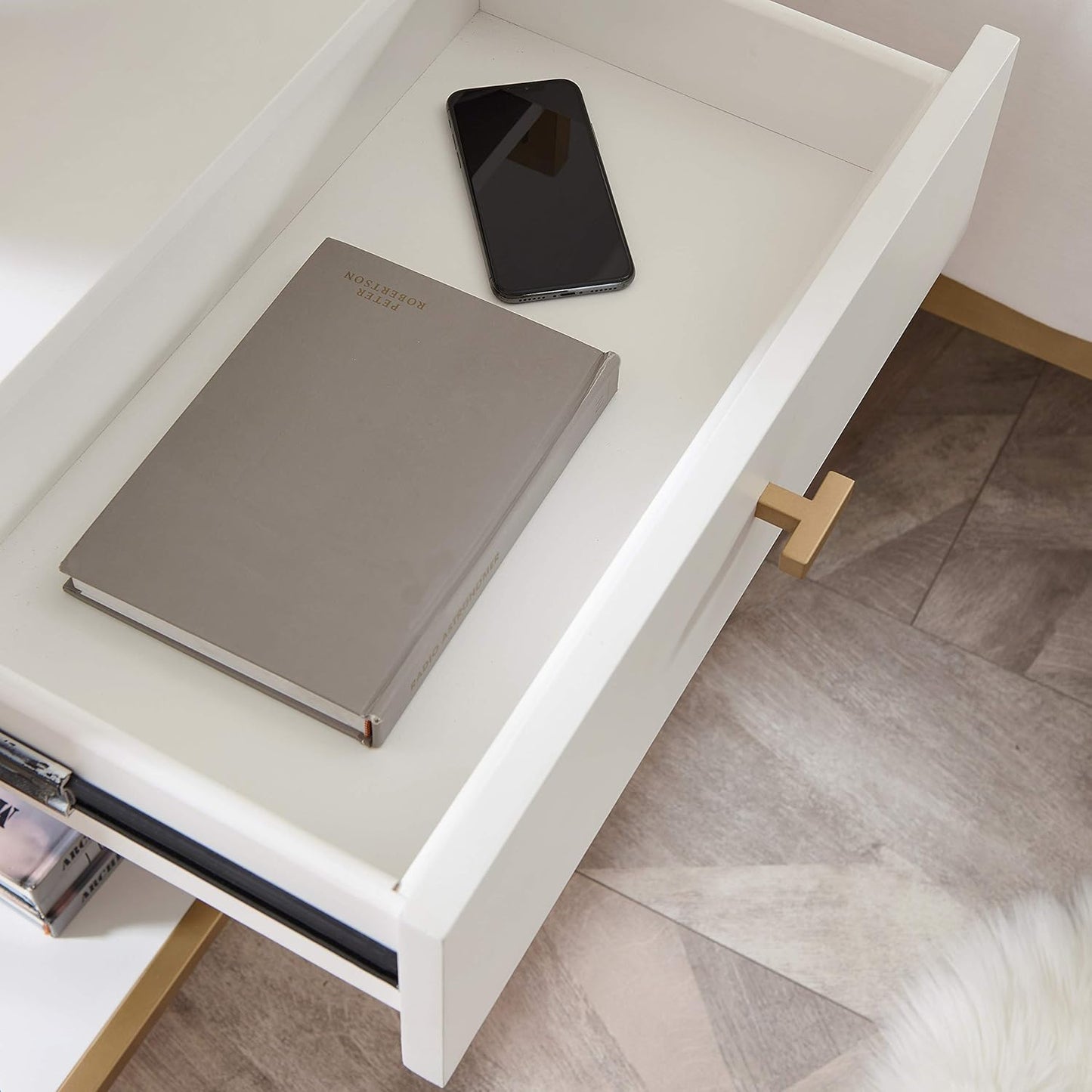 9069-WT Claudette Nightstand Side Table One Drawer Modern Fast Charging Station A/C and USB Charging Port Integrated Durable Solid Wood Metal Living Room Bedroom Office, White and Gold