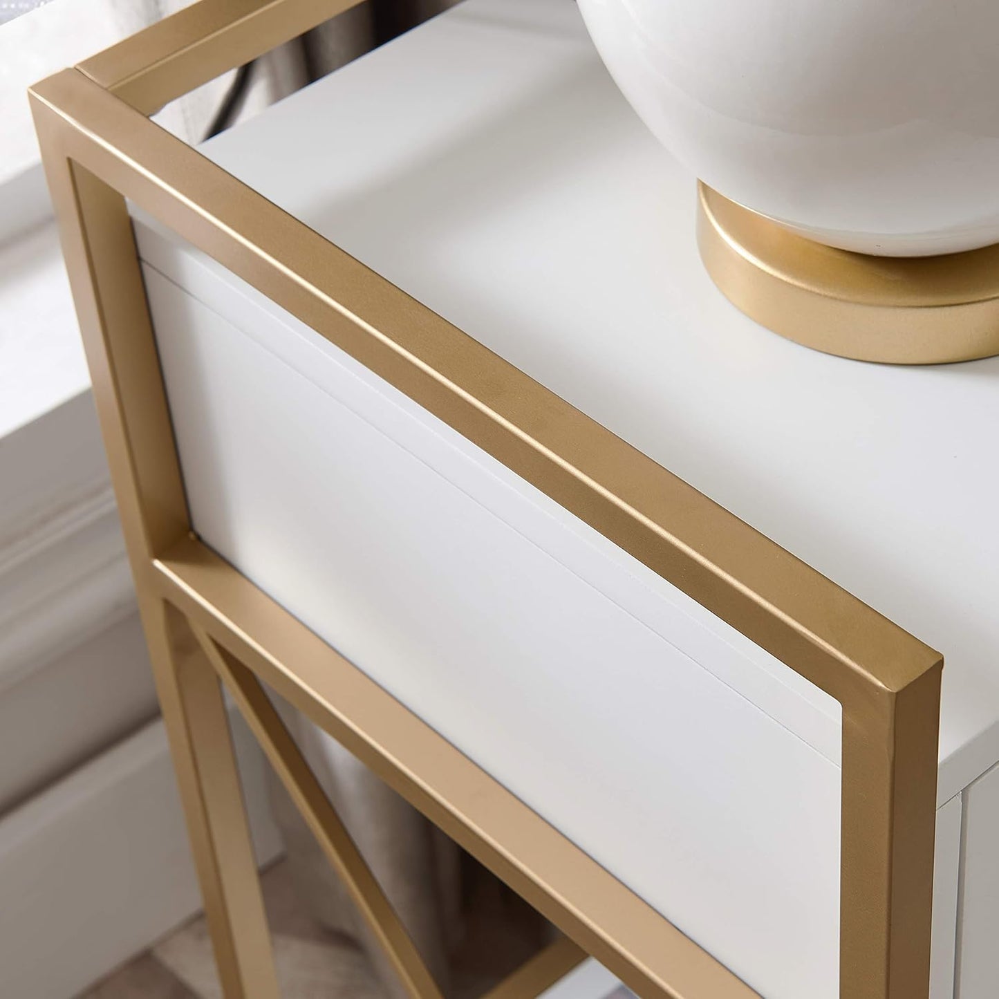 9069-WT Claudette Nightstand Side Table One Drawer Modern Fast Charging Station A/C and USB Charging Port Integrated Durable Solid Wood Metal Living Room Bedroom Office, White and Gold