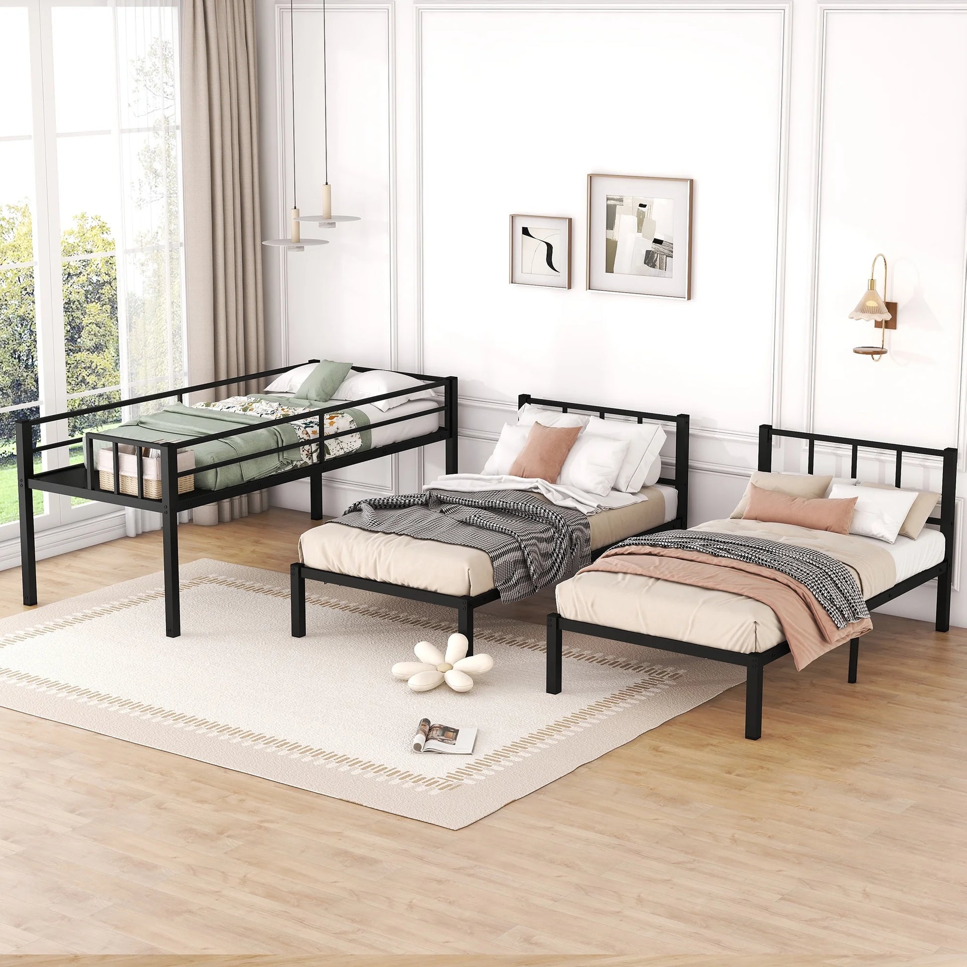 Metal Triple Bunk Bed for 3 Kids Twin over Twin over Twin, 3 Beds Bunk Beds 3-Tier Bunk Bed, Triple Metal Twin Bunk Bed for Kids Teens, Adults with Full-Length Guardrail and Ladder, Black