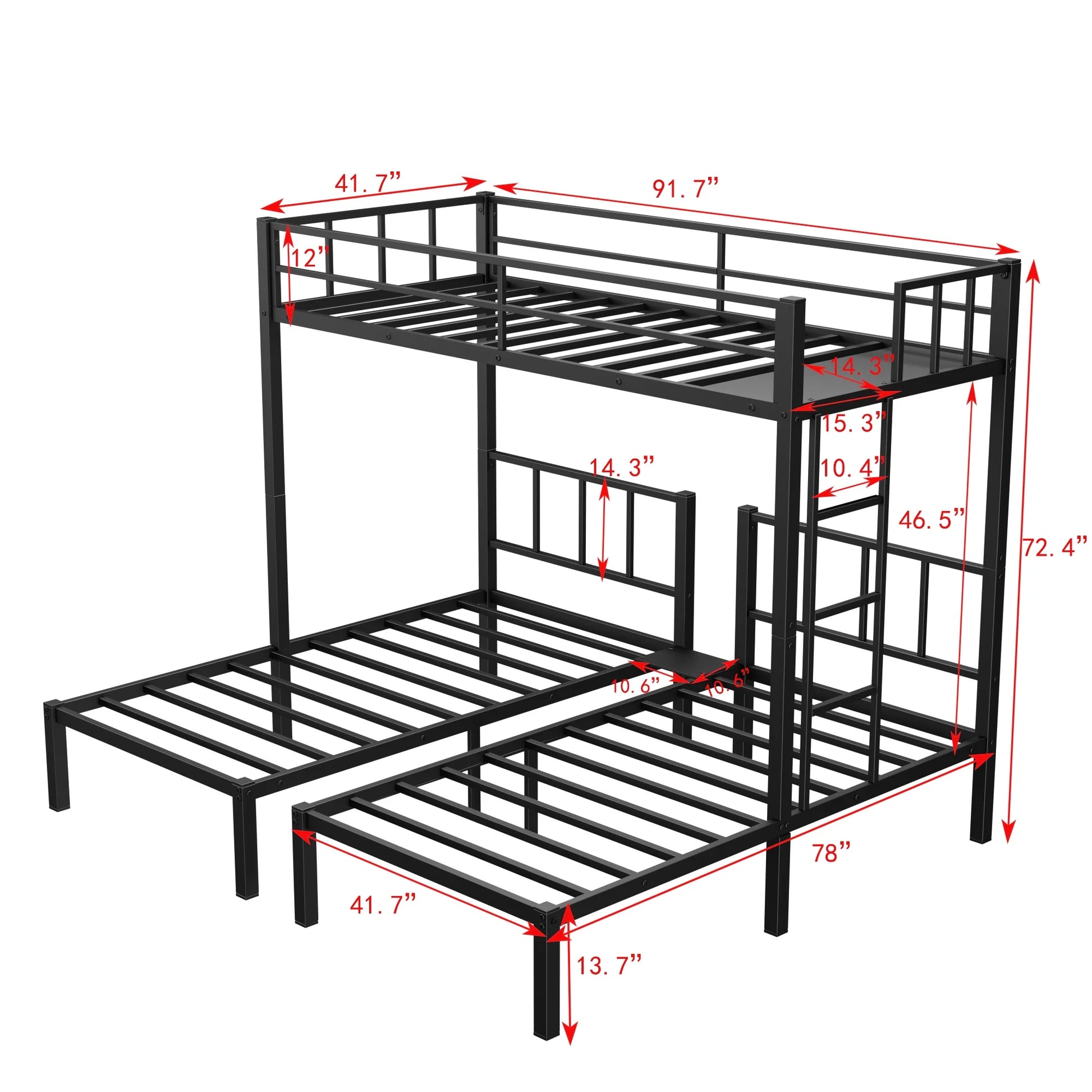 Metal Triple Bunk Bed for 3 Kids Twin over Twin over Twin, 3 Beds Bunk Beds 3-Tier Bunk Bed, Triple Metal Twin Bunk Bed for Kids Teens, Adults with Full-Length Guardrail and Ladder, Black