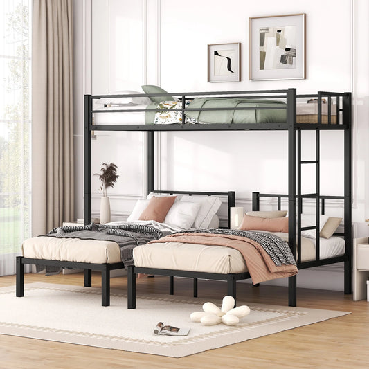 Metal Triple Bunk Bed for 3 Kids Twin over Twin over Twin, 3 Beds Bunk Beds 3-Tier Bunk Bed, Triple Metal Twin Bunk Bed for Kids Teens, Adults with Full-Length Guardrail and Ladder, Black