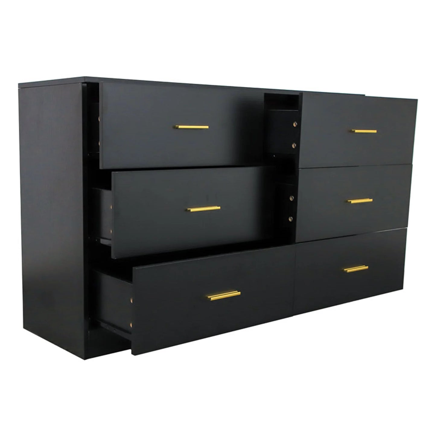 Modern Wooden Wide 6 Drawer Dresser for Bedroom Nursery, Storage Storage Cabinet with Gold Handle, Black