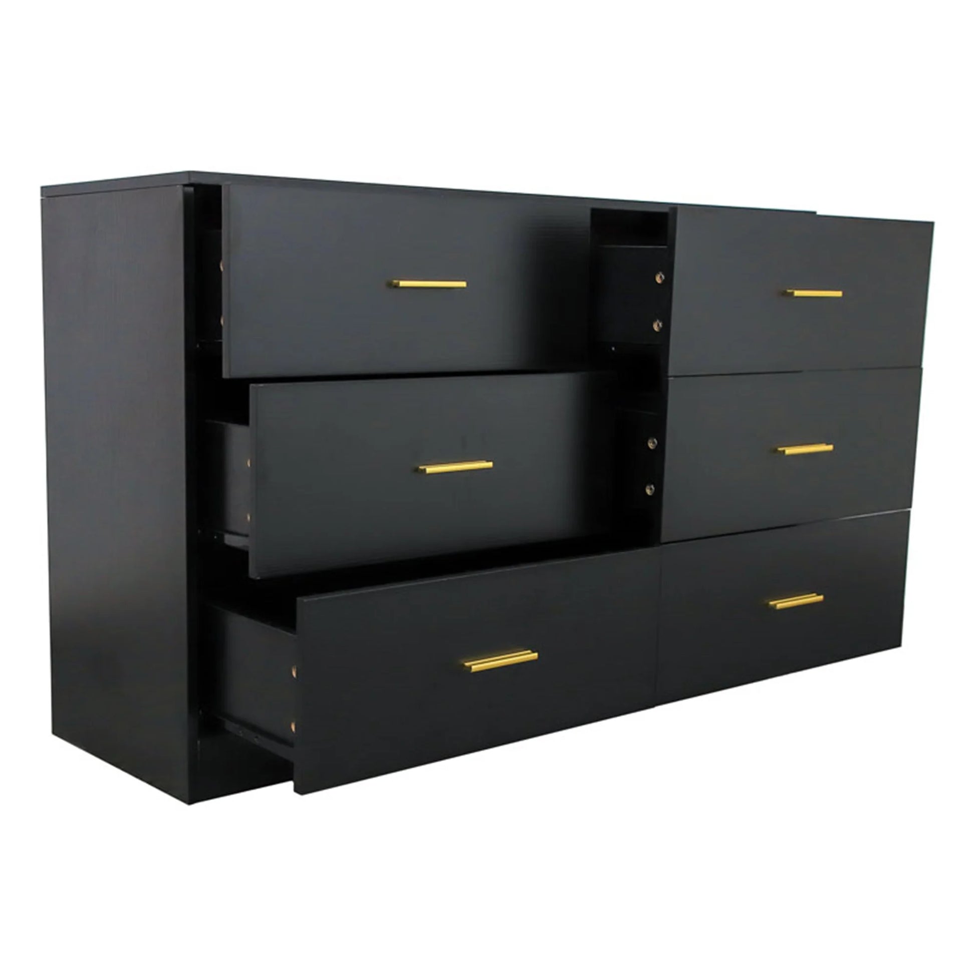 Modern Wooden Wide 6 Drawer Dresser for Bedroom Nursery, Storage Storage Cabinet with Gold Handle, Black