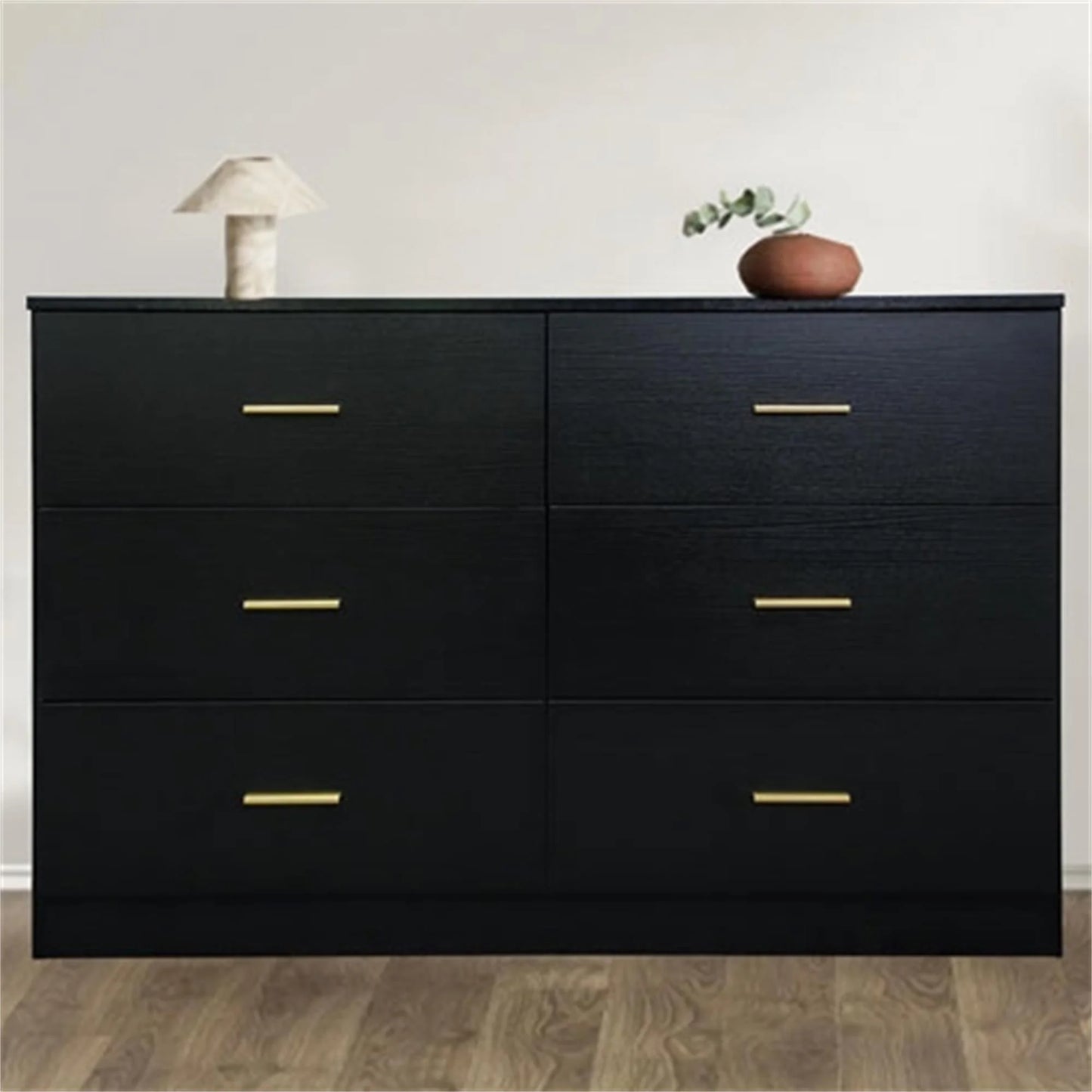Modern Wooden Wide 6 Drawer Dresser for Bedroom Nursery, Storage Storage Cabinet with Gold Handle, Black