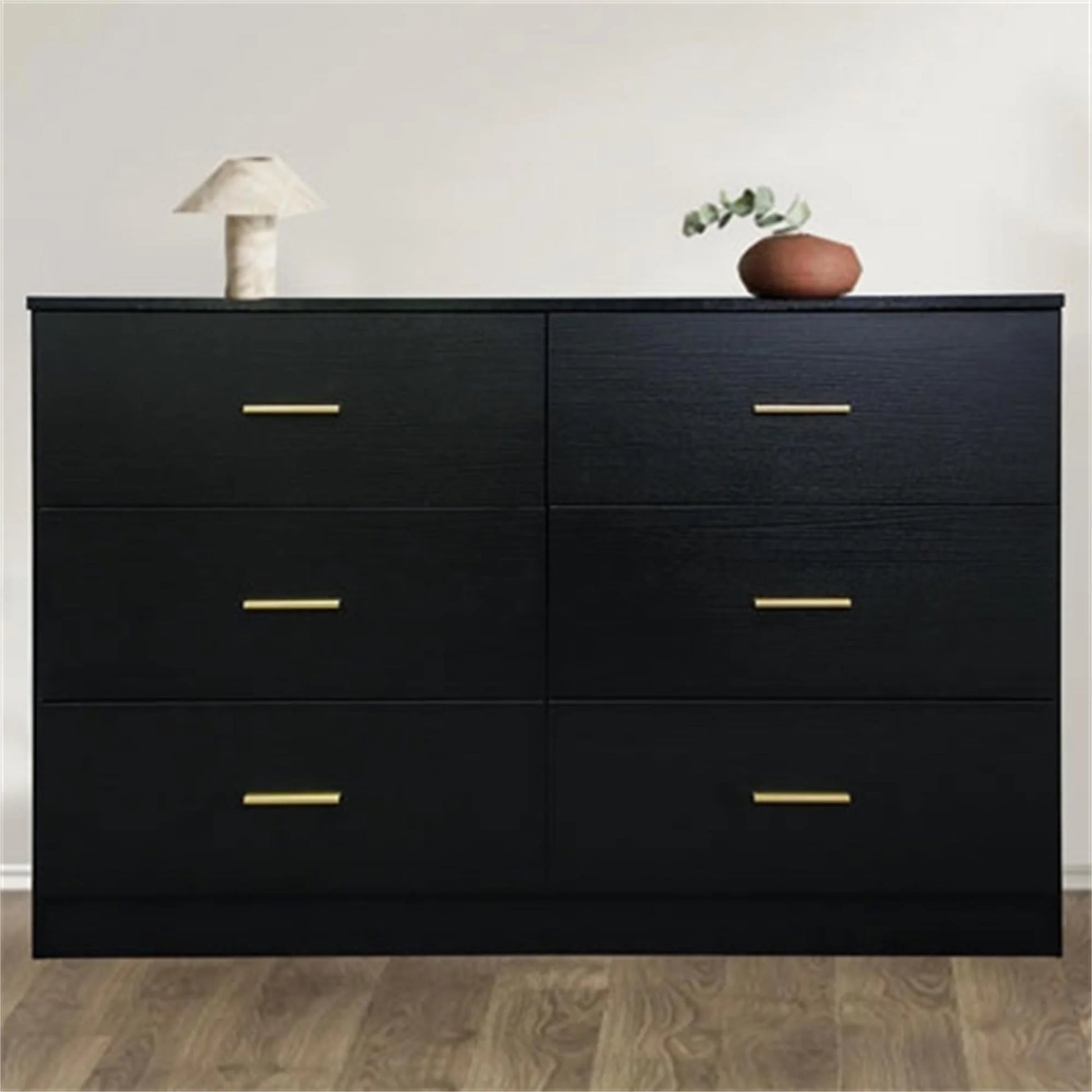 Modern Wooden Wide 6 Drawer Dresser for Bedroom Nursery, Storage Storage Cabinet with Gold Handle, Black