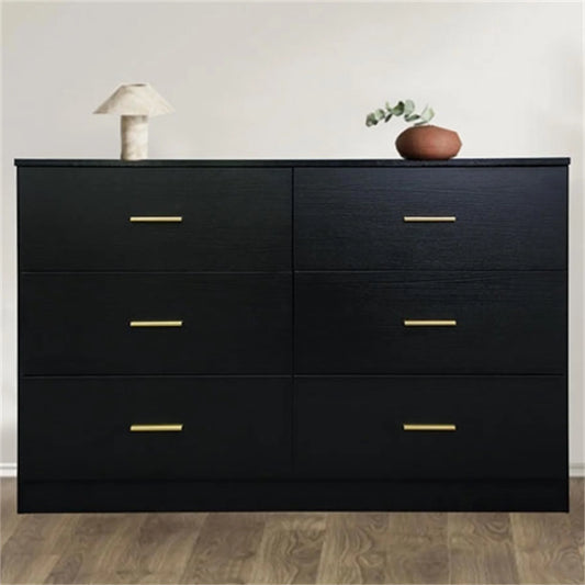 Modern Wooden Wide 6 Drawer Dresser for Bedroom Nursery, Storage Storage Cabinet with Gold Handle, Black