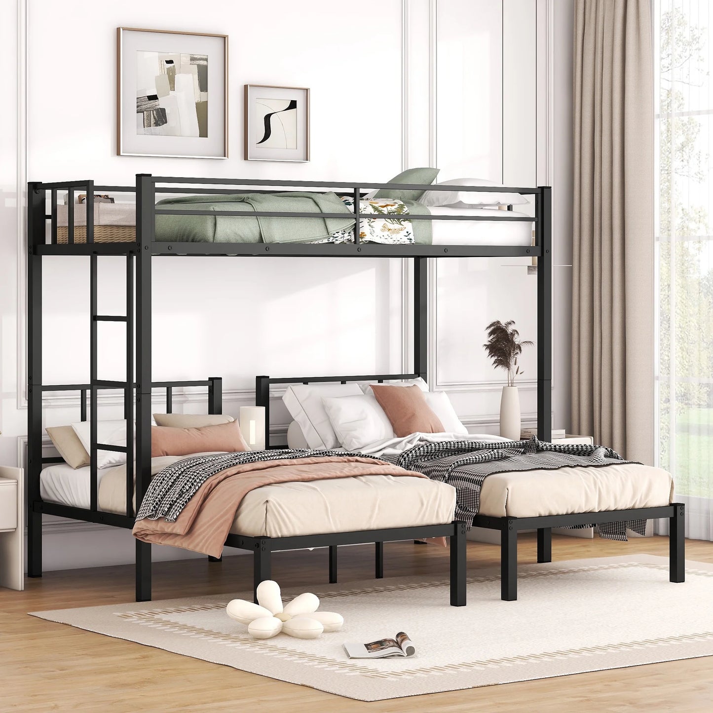 Metal Triple Bunk Bed for 3 Kids Twin over Twin over Twin, 3 Beds Bunk Beds 3-Tier Bunk Bed, Triple Metal Twin Bunk Bed for Kids Teens, Adults with Full-Length Guardrail and Ladder, Black