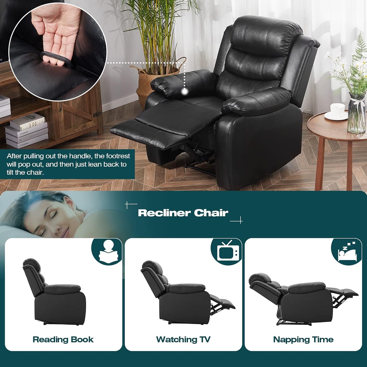 PU Leather Recliner, Upholstered Sofa Recliner Chair, Manual Reclining Home Theater Seating, Arm Chair for Living Room Reading Room Bedroom, Black (GGIN0086BK)