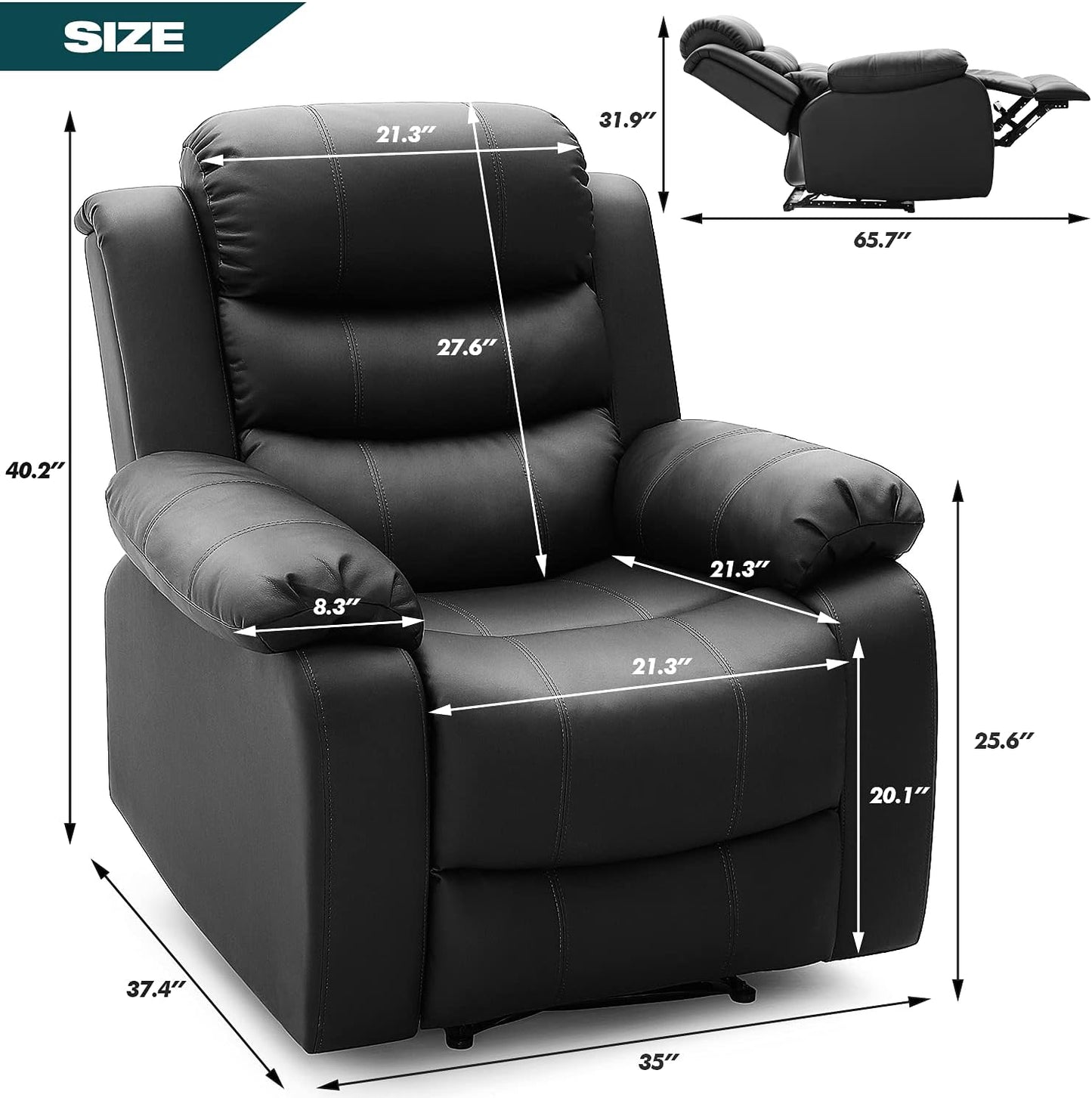 PU Leather Recliner, Upholstered Sofa Recliner Chair, Manual Reclining Home Theater Seating, Arm Chair for Living Room Reading Room Bedroom, Black (GGIN0086BK)