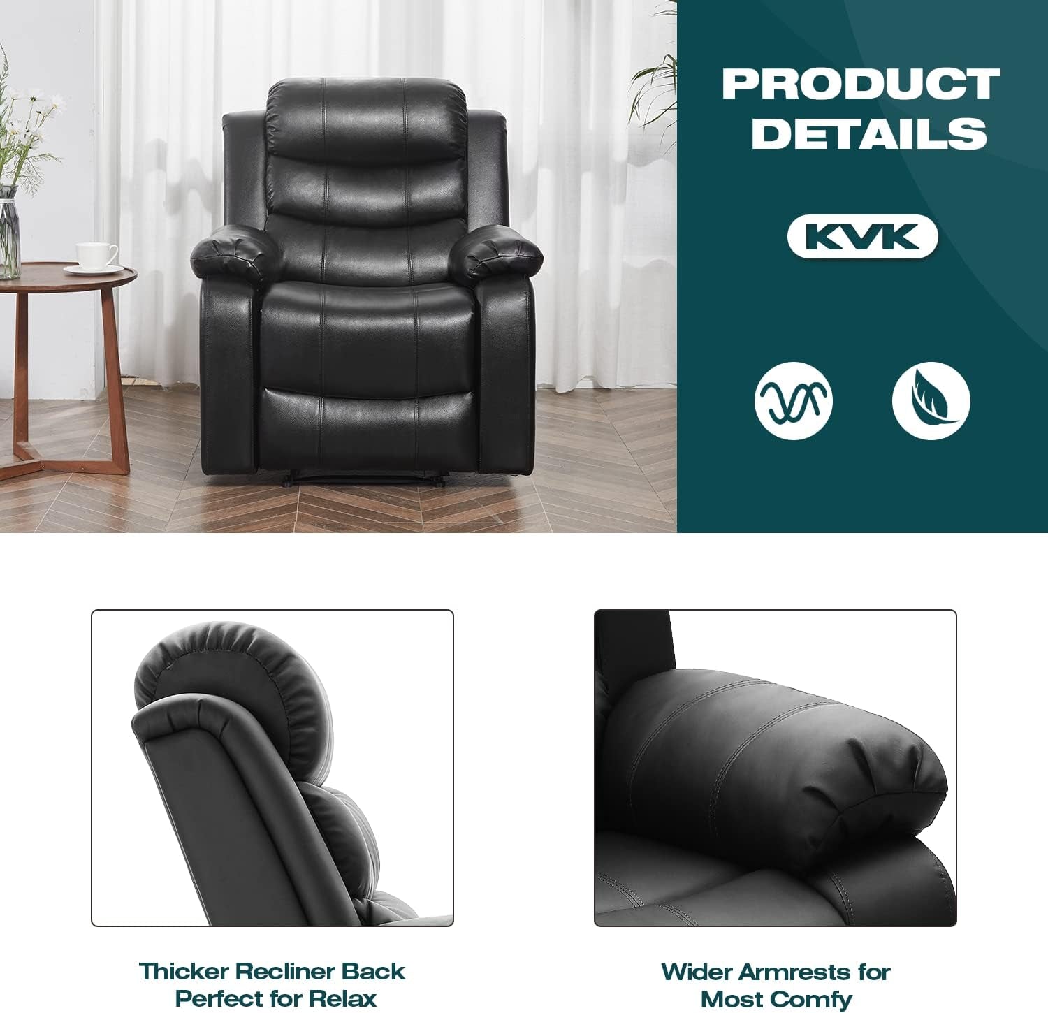 PU Leather Recliner, Upholstered Sofa Recliner Chair, Manual Reclining Home Theater Seating, Arm Chair for Living Room Reading Room Bedroom, Black (GGIN0086BK)