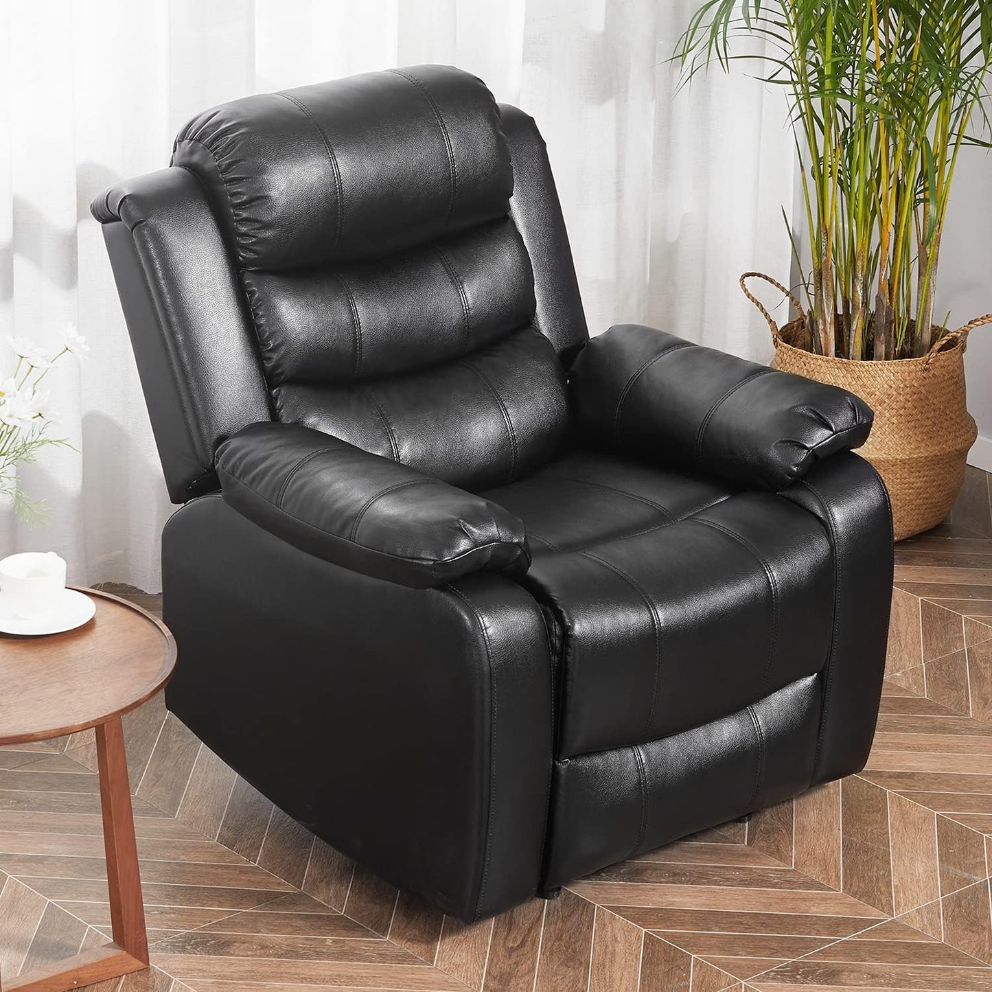 PU Leather Recliner, Upholstered Sofa Recliner Chair, Manual Reclining Home Theater Seating, Arm Chair for Living Room Reading Room Bedroom, Black (GGIN0086BK)