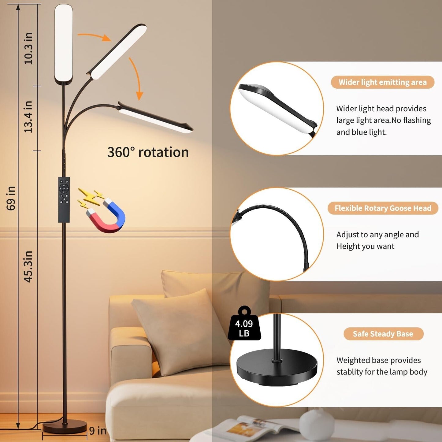 Frideko LED Floor Lamp, 18W 1800LM Bright Floor Lamp with Remote & Touch Cont...
