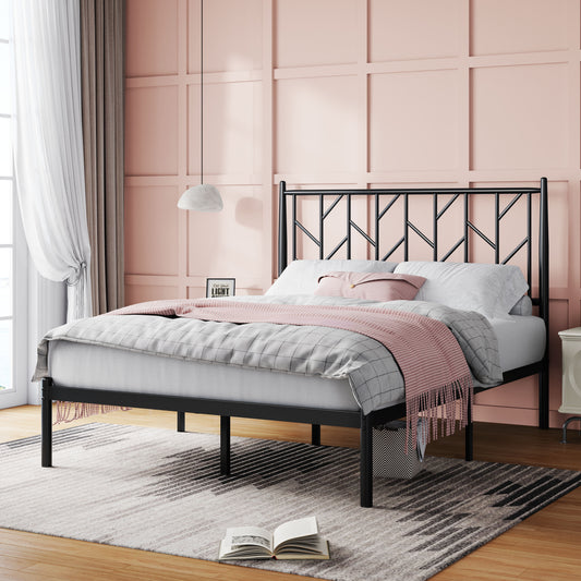 Full Size Vintage Metal Platform Bed Frame with Headboard, Black
