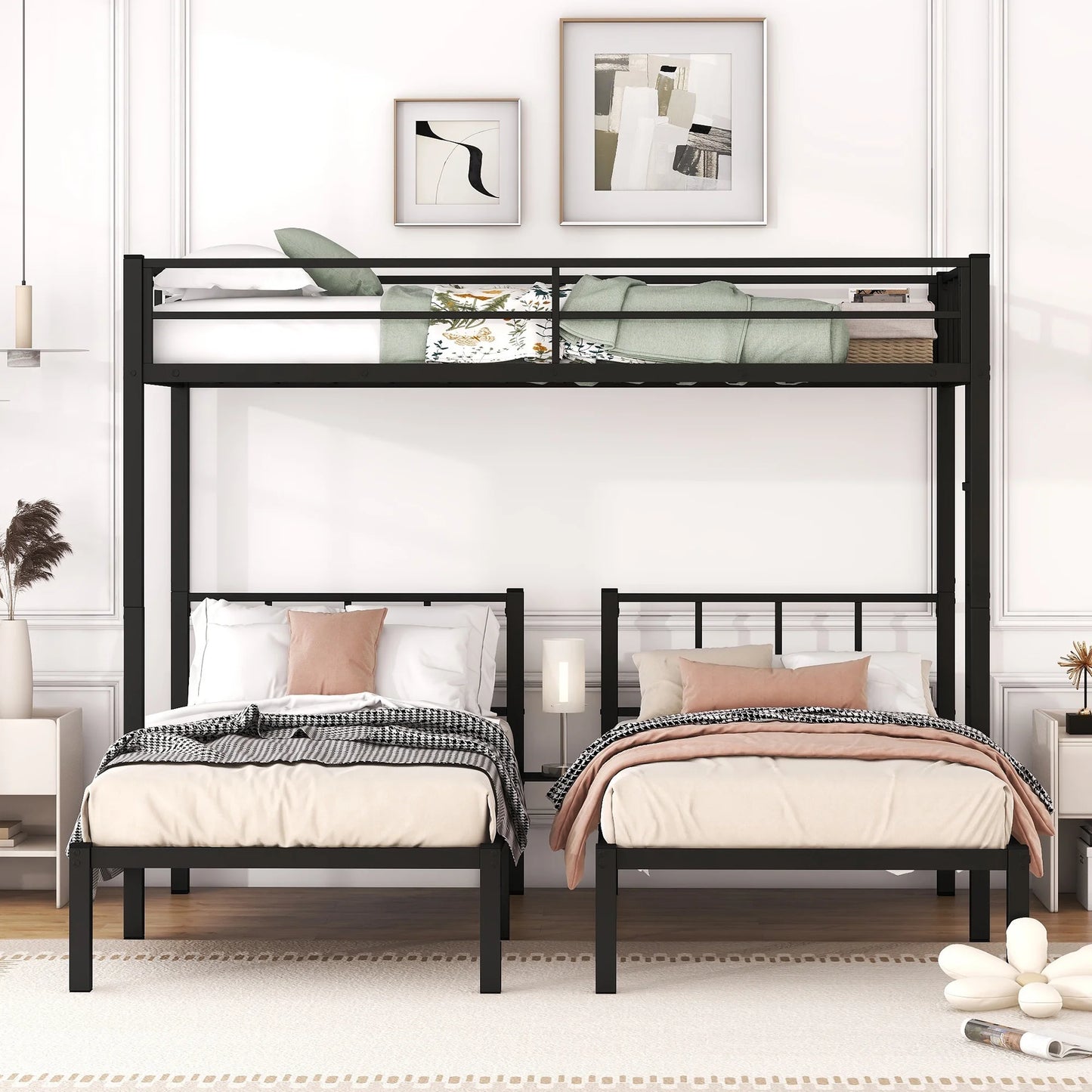 Metal Triple Bunk Bed for 3 Kids Twin over Twin over Twin, 3 Beds Bunk Beds 3-Tier Bunk Bed, Triple Metal Twin Bunk Bed for Kids Teens, Adults with Full-Length Guardrail and Ladder, Black
