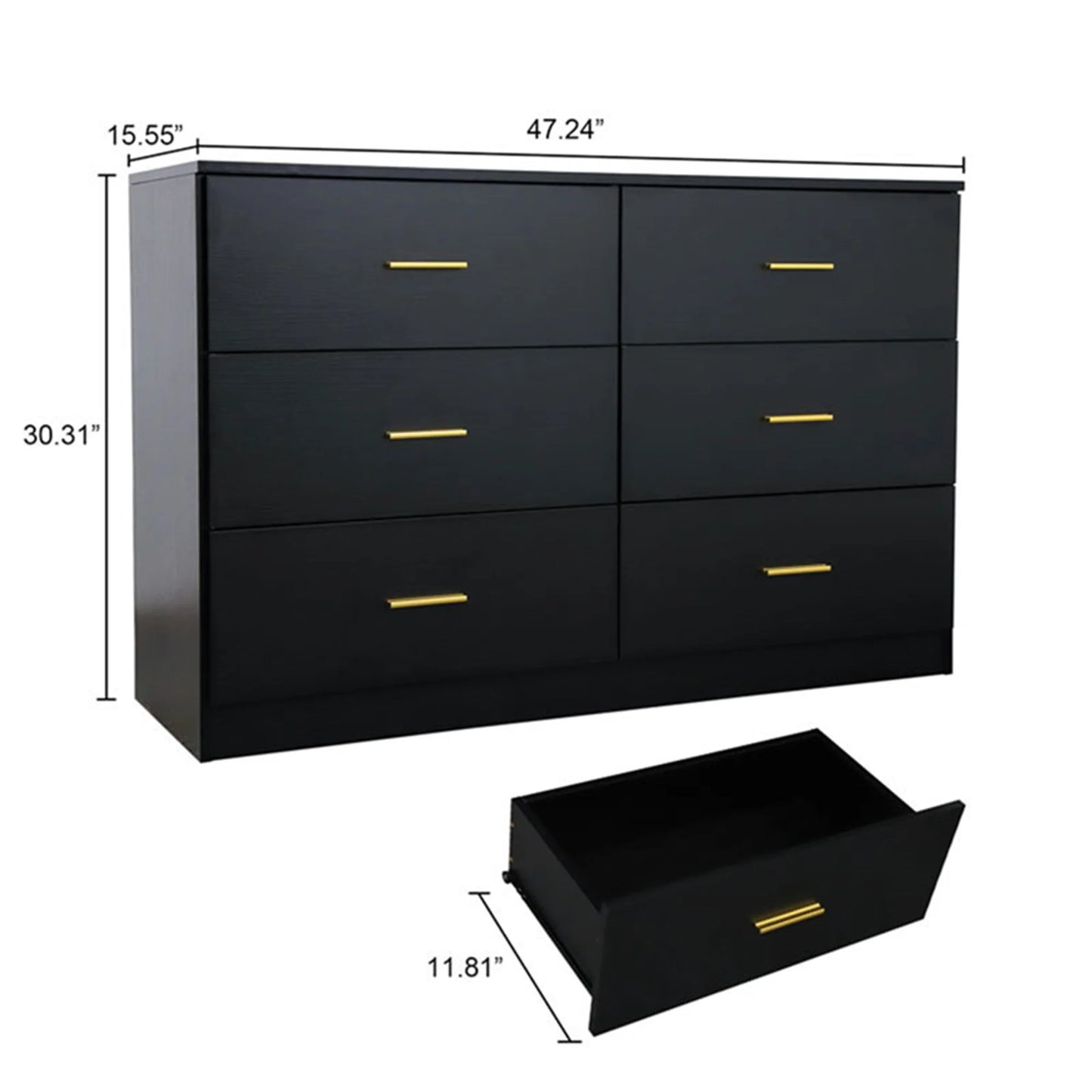 Modern Wooden Wide 6 Drawer Dresser for Bedroom Nursery, Storage Storage Cabinet with Gold Handle, Black