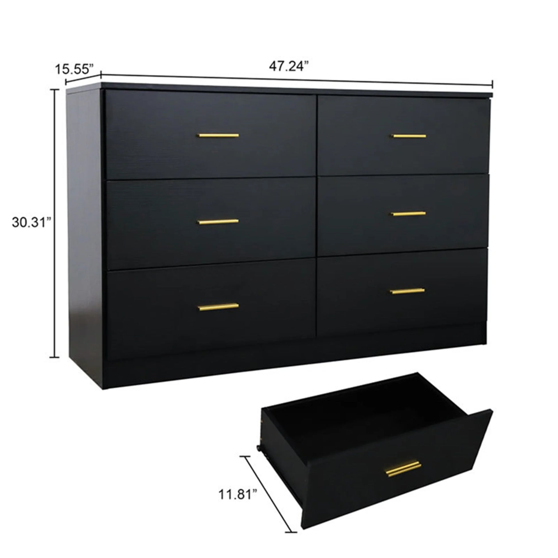 Modern Wooden Wide 6 Drawer Dresser for Bedroom Nursery, Storage Storage Cabinet with Gold Handle, Black