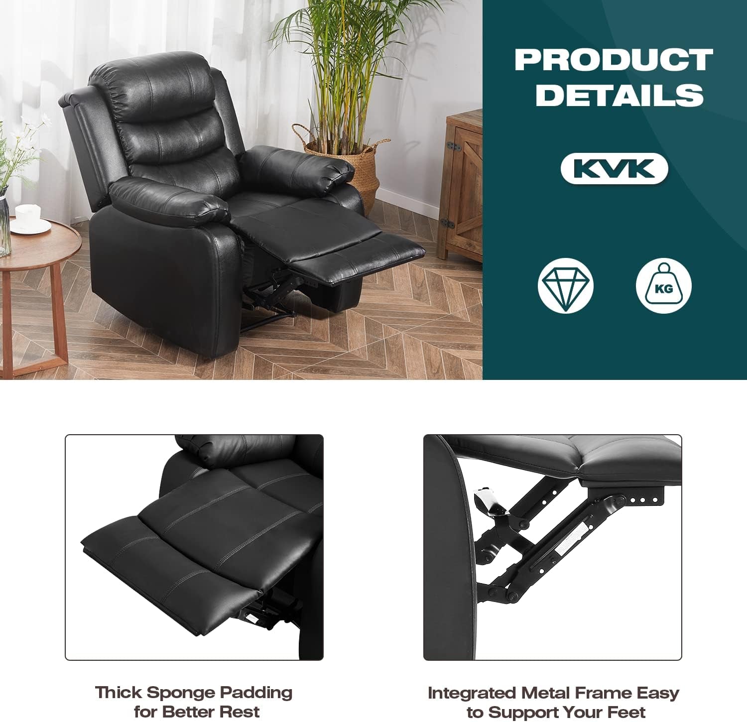 PU Leather Recliner, Upholstered Sofa Recliner Chair, Manual Reclining Home Theater Seating, Arm Chair for Living Room Reading Room Bedroom, Black (GGIN0086BK)